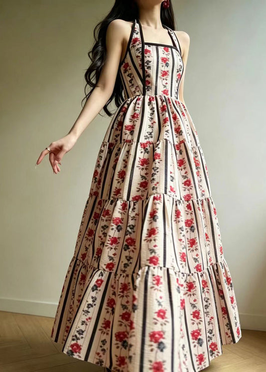 Stylish Beige White Print Halter Square Collar Vacation Dress Sleeveless