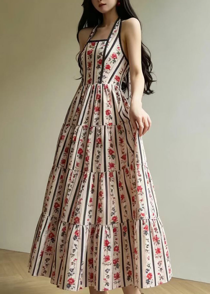 Stylish Beige White Print Halter Square Collar Vacation Dress Sleeveless