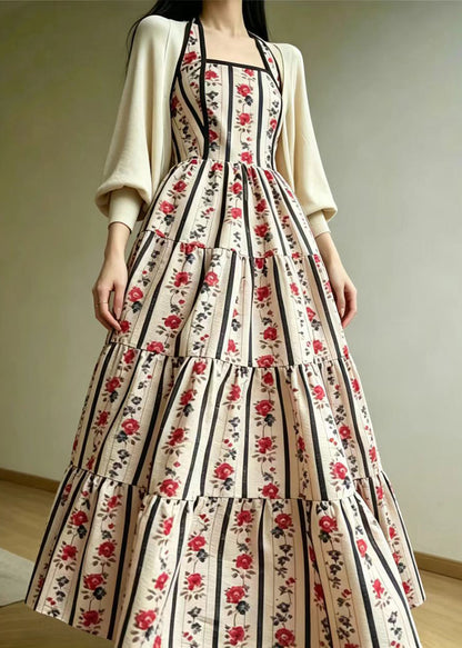 Stylish Beige White Print Halter Square Collar Vacation Dress Sleeveless