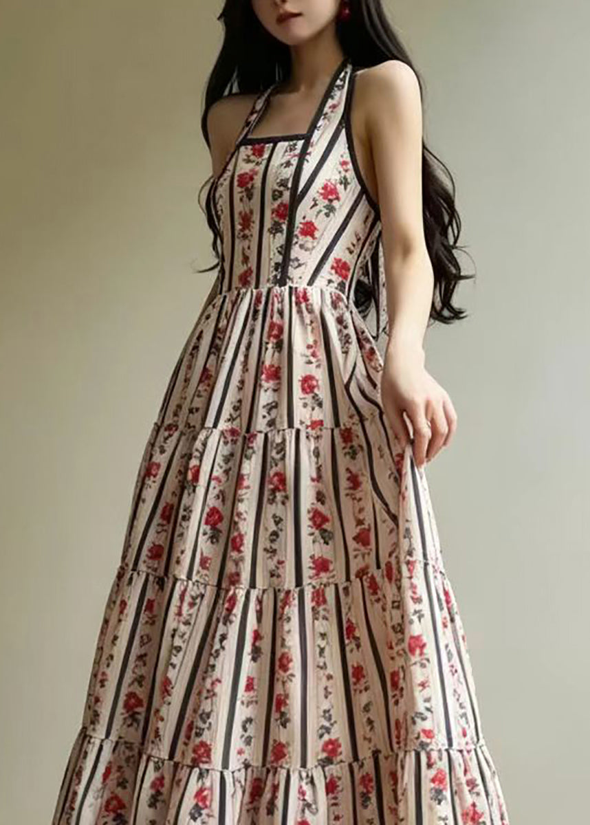 Stylish Beige White Print Halter Square Collar Vacation Dress Sleeveless