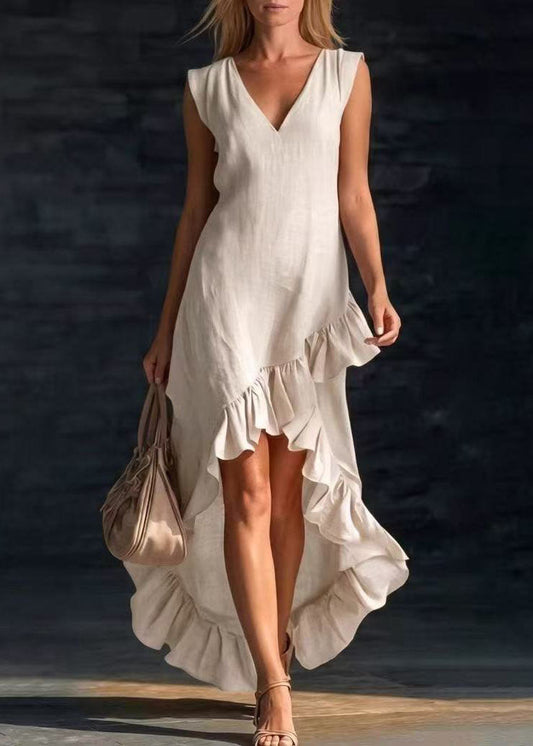 Stylish Beige White V Neck Ruffled Low High Design Dresses Sleeveless