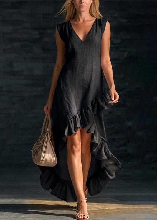 Stylish Beige White V Neck Ruffled Low High Design Dresses Sleeveless