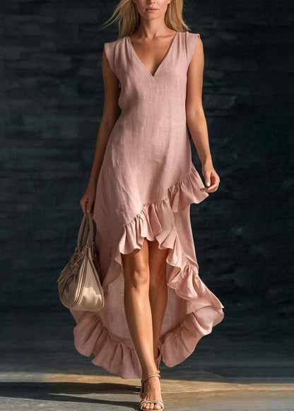 Stylish Beige White V Neck Ruffled Low High Design Dresses Sleeveless