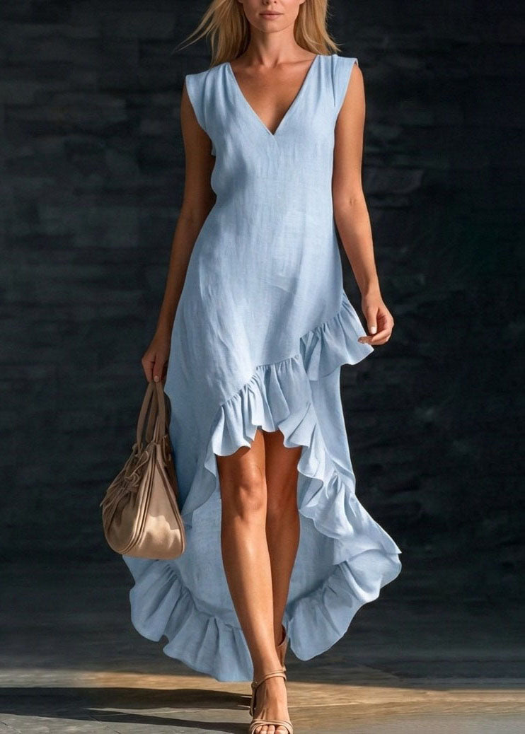 Stylish Beige White V Neck Ruffled Low High Design Dresses Sleeveless