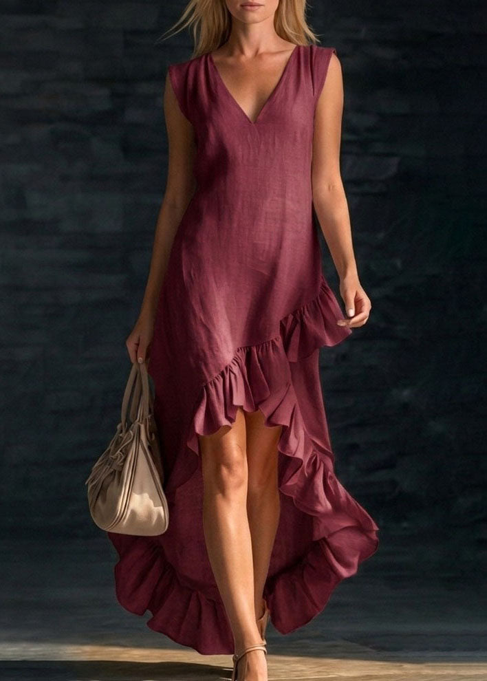 Stylish Beige White V Neck Ruffled Low High Design Dresses Sleeveless