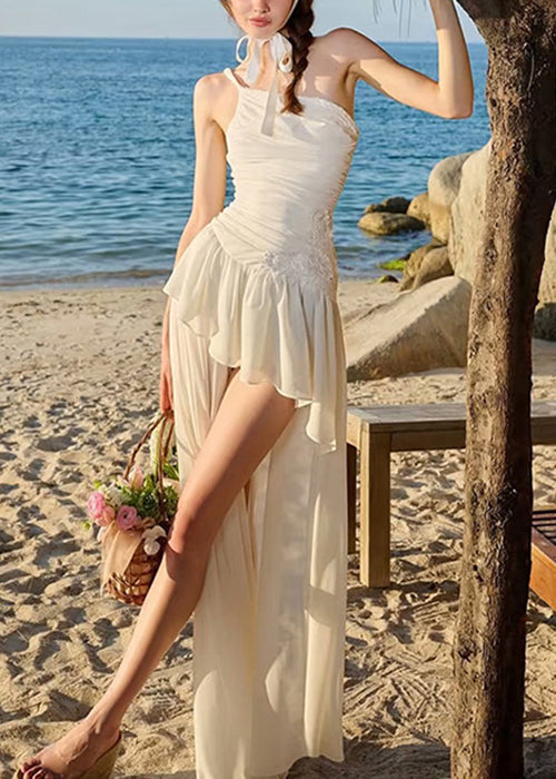 Stylish Beige Wrinkled Low High Design Chiffon Spaghetti Strap Dress Sleeveless