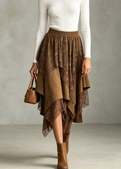 Stylish Black Asymmetrical Elastic Waist Lace Skirts Fall