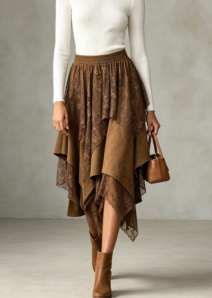 Stylish Black Asymmetrical Elastic Waist Lace Skirts Fall
