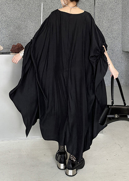 Stylish Black Asymmetrical Patchwork Cotton Dress Batwing Sleeve