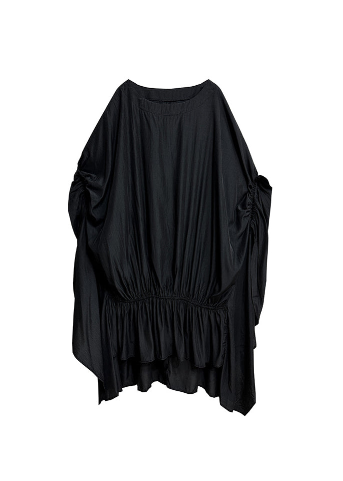 Stylish Black Asymmetrical Patchwork Cotton Dress Batwing Sleeve