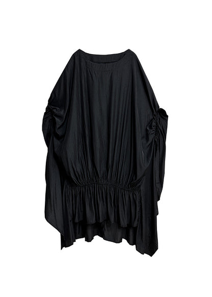 Stylish Black Asymmetrical Patchwork Cotton Dress Batwing Sleeve