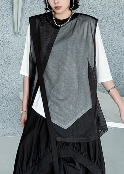 Stylish Black Asymmetrical Patchwork Loose Tulle Top Summer
