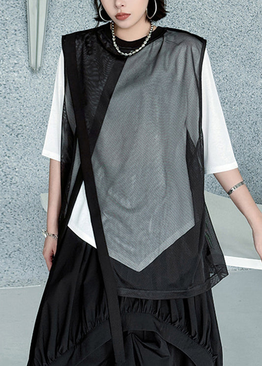 Stylish Black Asymmetrical Patchwork Loose Tulle Top Summer