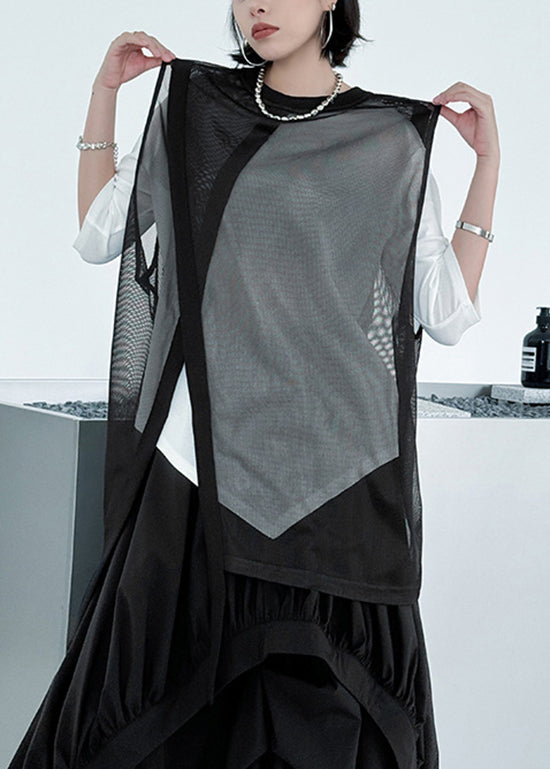 Stylish Black Asymmetrical Patchwork Loose Tulle Top Summer