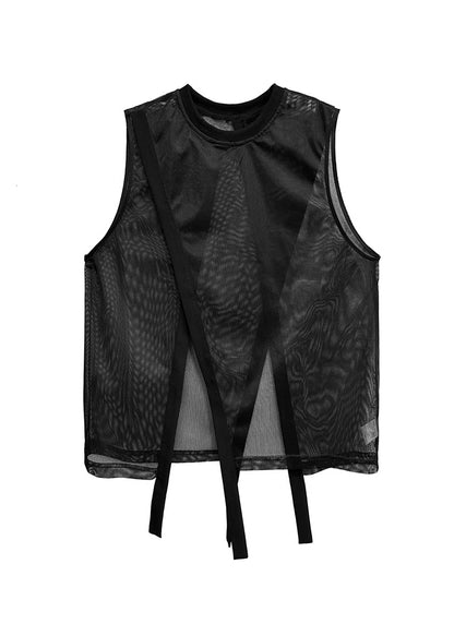 Stylish Black Asymmetrical Patchwork Loose Tulle Top Summer