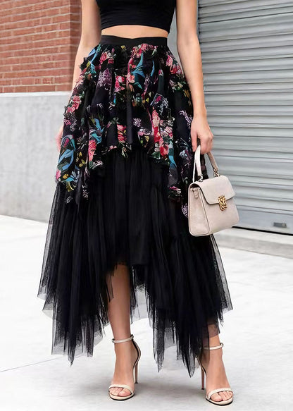 Stylish Black Asymmetrical Patchwork Tulle Skirt Spring