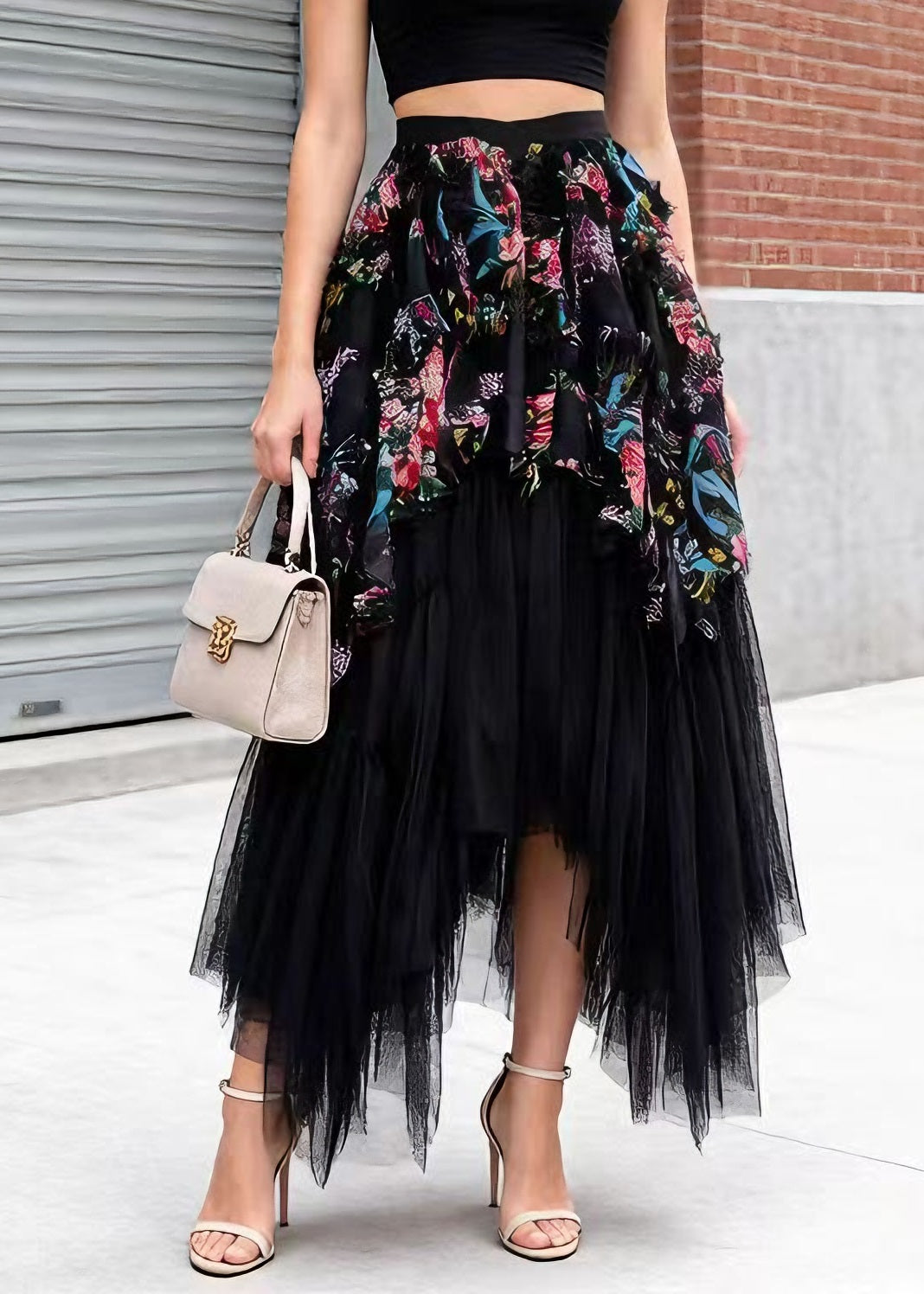 Stylish Black Asymmetrical Patchwork Tulle Skirt Spring