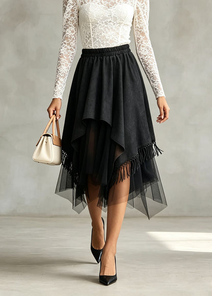Stylish Black Asymmetrical Tulle Patchwork Faux Suede Skirt Fall