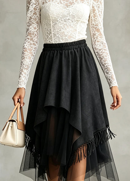 Stylish Black Asymmetrical Tulle Patchwork Faux Suede Skirt Fall