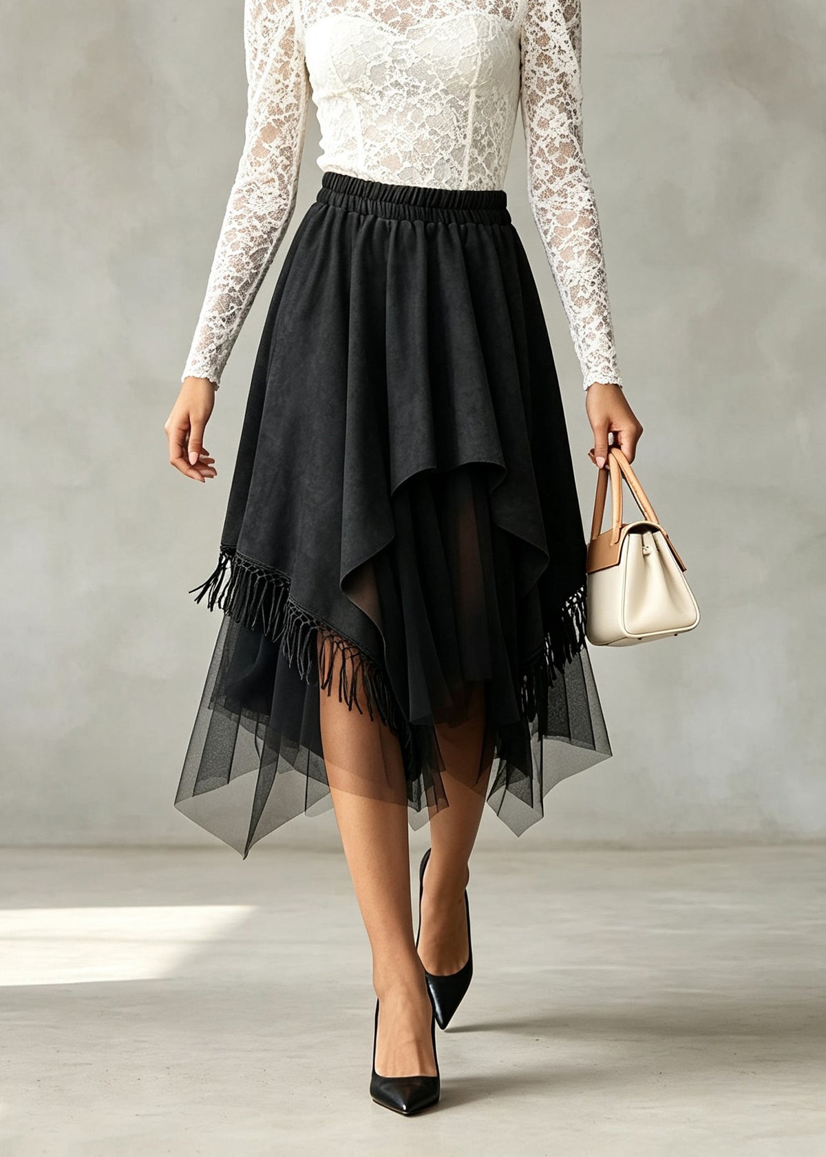 Stylish Black Asymmetrical Tulle Patchwork Faux Suede Skirt Fall