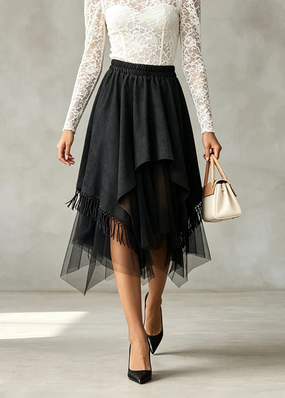 Stylish Black Asymmetrical Tulle Patchwork Faux Suede Skirt Fall