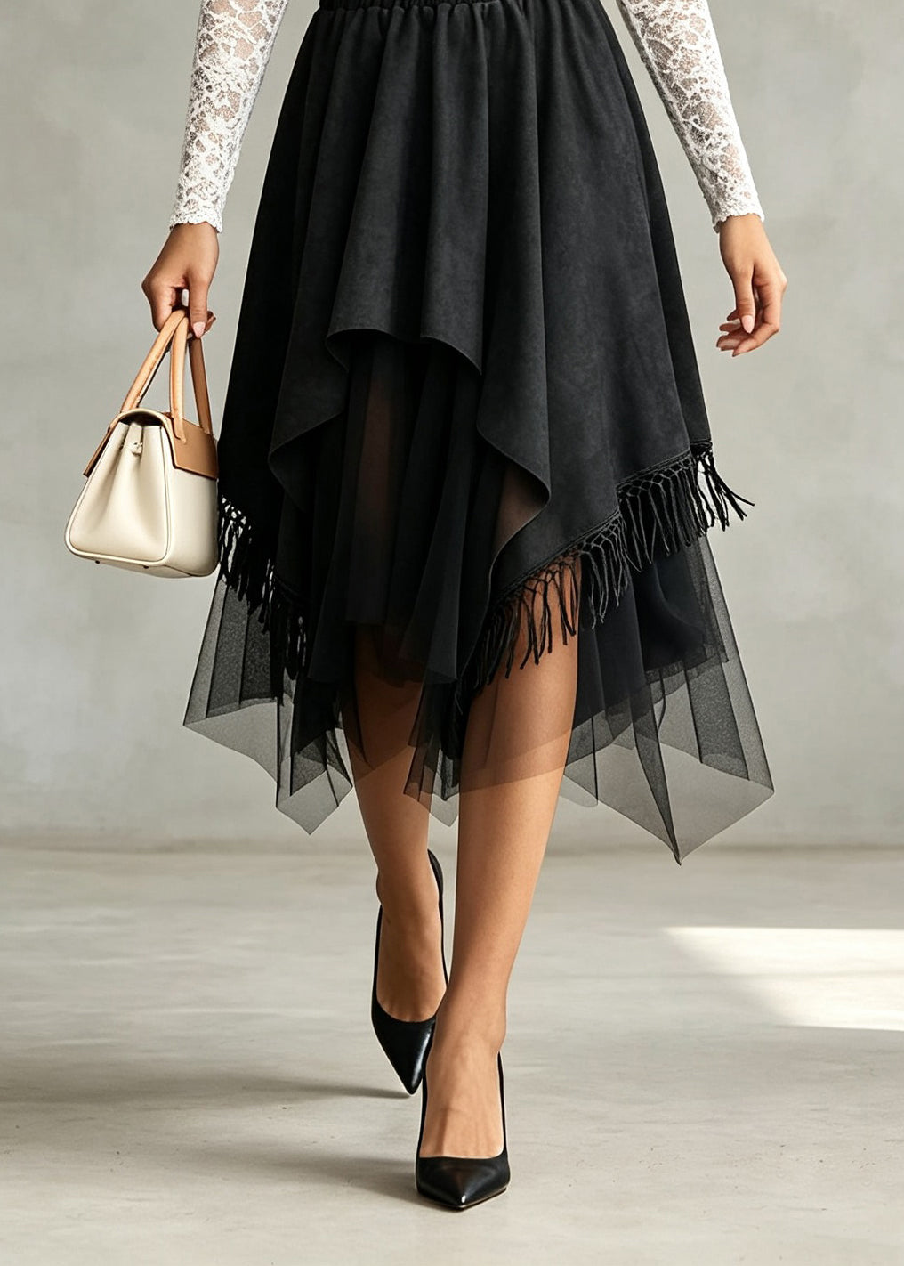 Stylish Black Asymmetrical Tulle Patchwork Faux Suede Skirt Fall