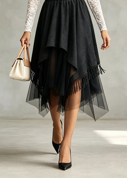 Stylish Black Asymmetrical Tulle Patchwork Faux Suede Skirt Fall