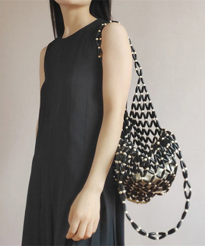 Stylish Black Beaded Woven Cut Out Shoulder Bag
