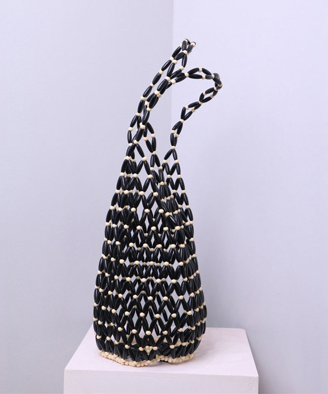 Stylish Black Beaded Woven Cut Out Shoulder Bag