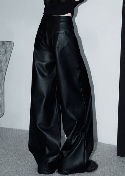 Stylish Black Button Pockets Faux Leather Wide Leg Pants Spring