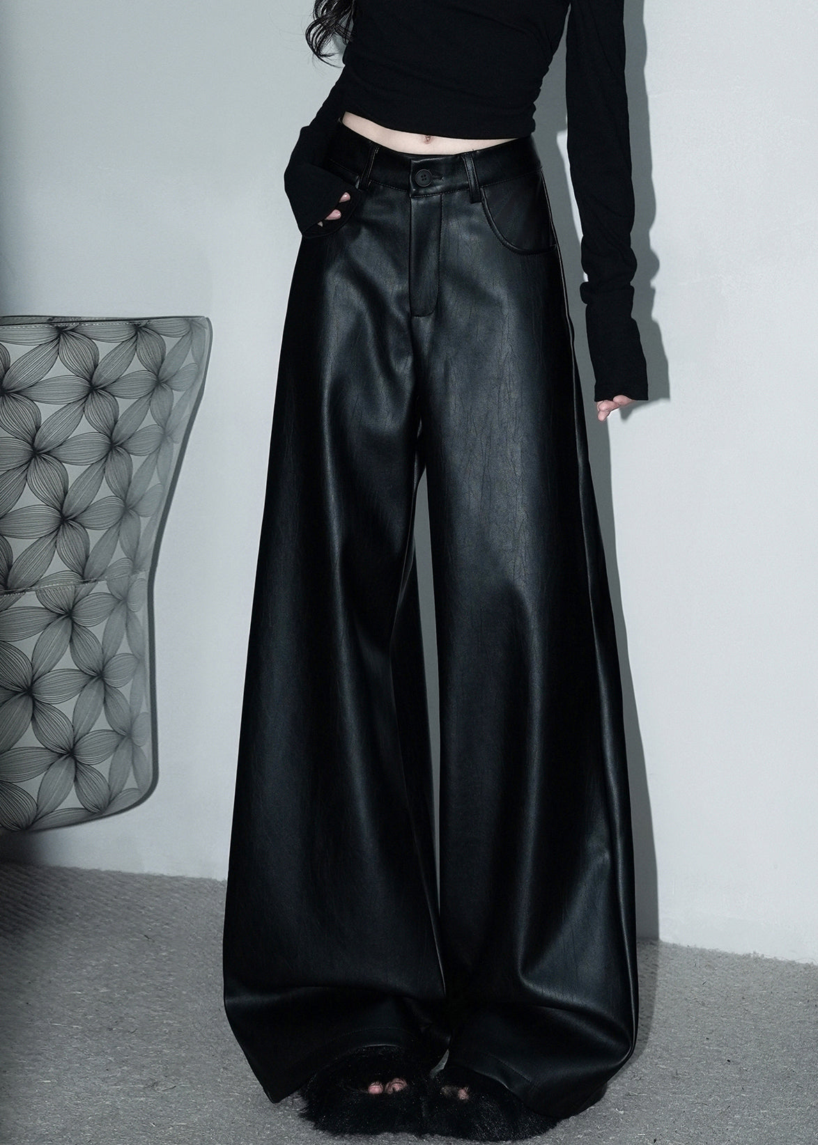 Stylish Black Button Pockets Faux Leather Wide Leg Pants Spring