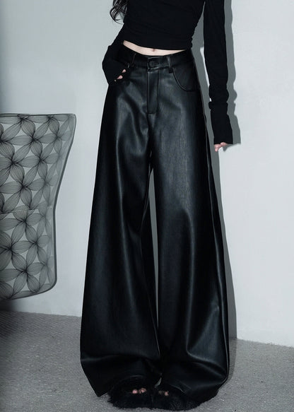 Stylish Black Button Pockets Faux Leather Wide Leg Pants Spring