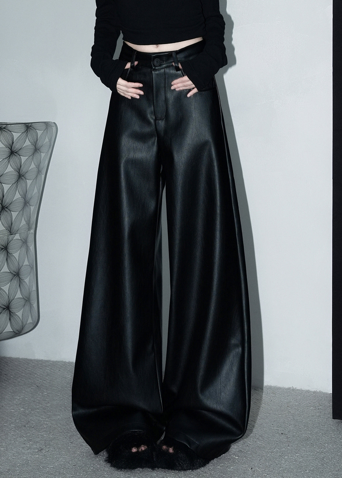 Stylish Black Button Pockets Faux Leather Wide Leg Pants Spring