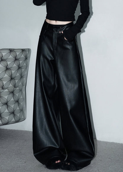 Stylish Black Button Pockets Faux Leather Wide Leg Pants Spring