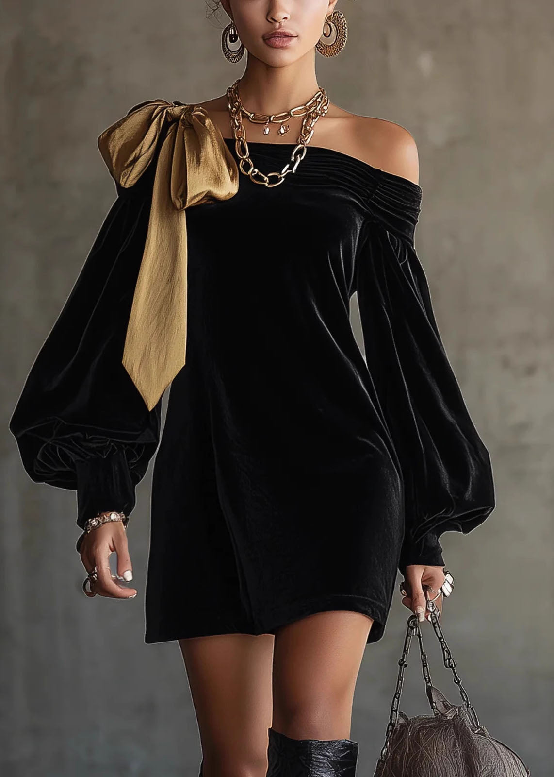 Stylish Black Cold Shoulder Bow Patchwork Velvet Mid Dress Lantern Sleeve