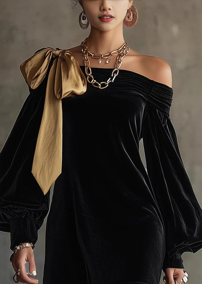 Stylish Black Cold Shoulder Bow Patchwork Velvet Mid Dress Lantern Sleeve