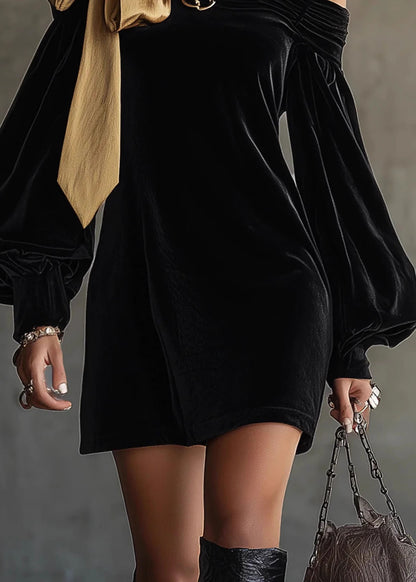 Stylish Black Cold Shoulder Bow Patchwork Velvet Mid Dress Lantern Sleeve