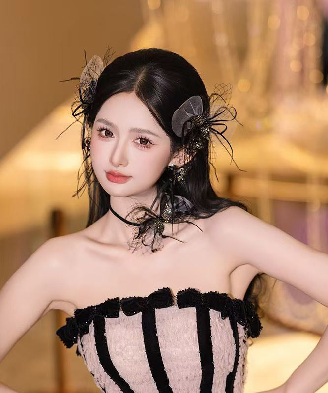 Stylish Black Feather Tulle Tassel A Pair Hairpin