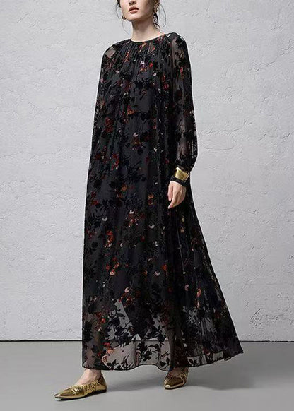 Stylish Black Flocked Jacquard Dress Two Pieces Set Long Sleeve