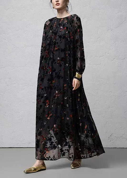 Stylish Black Flocked Jacquard Dress Two Pieces Set Long Sleeve