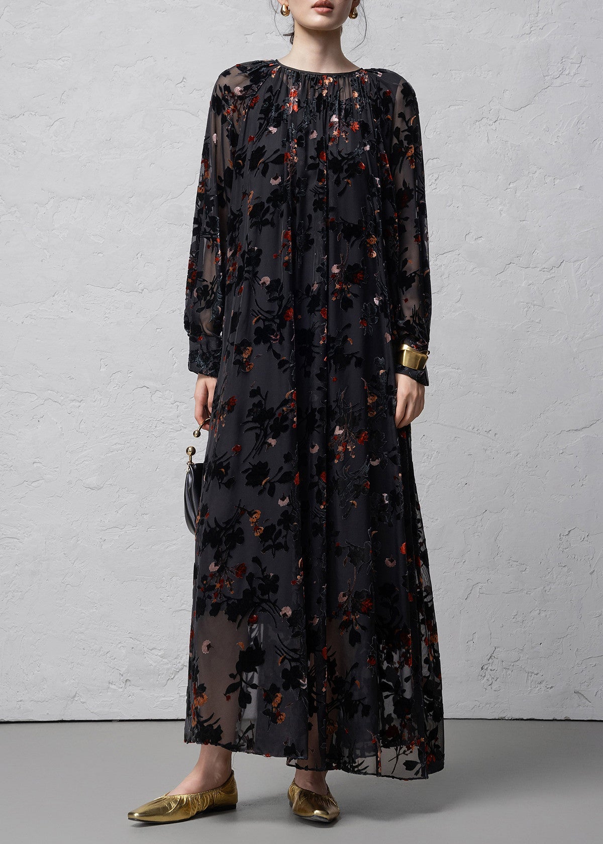 Stylish Black Flocked Jacquard Dress Two Pieces Set Long Sleeve