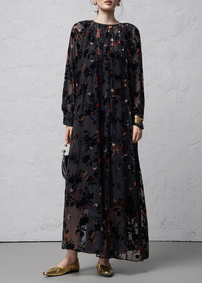 Stylish Black Flocked Jacquard Dress Two Pieces Set Long Sleeve