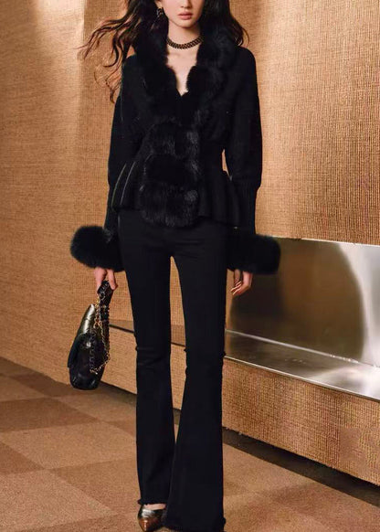 Stylish Black Fox Fur Patchwork Wool Knit Cardigan Winter