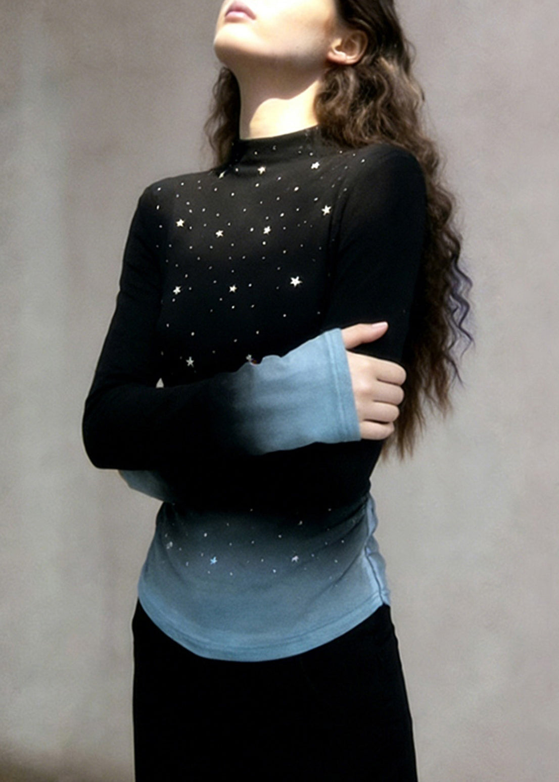 Stylish Black Gradient Color Zircon Cotton T Shirts Spring