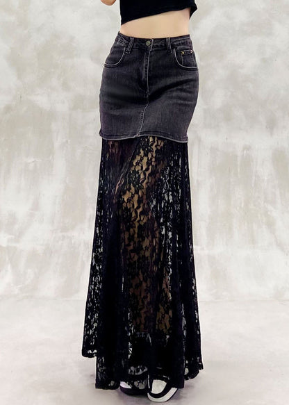 Stylish Black Hollow Out Patchwork Lace Maxi Skirts Summer