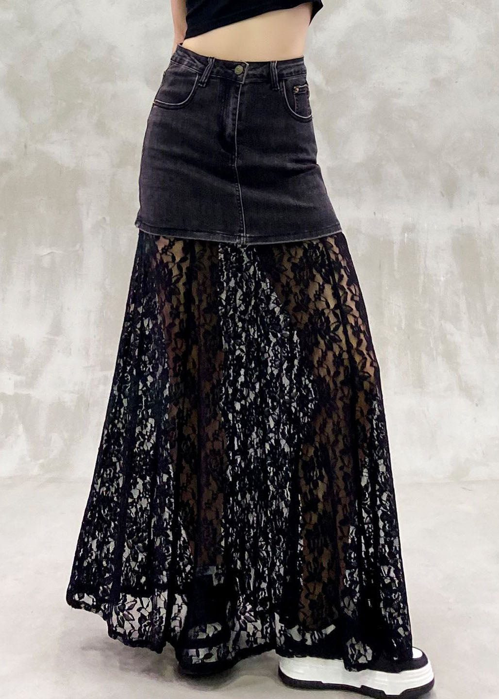 Stylish Black Hollow Out Patchwork Lace Maxi Skirts Summer