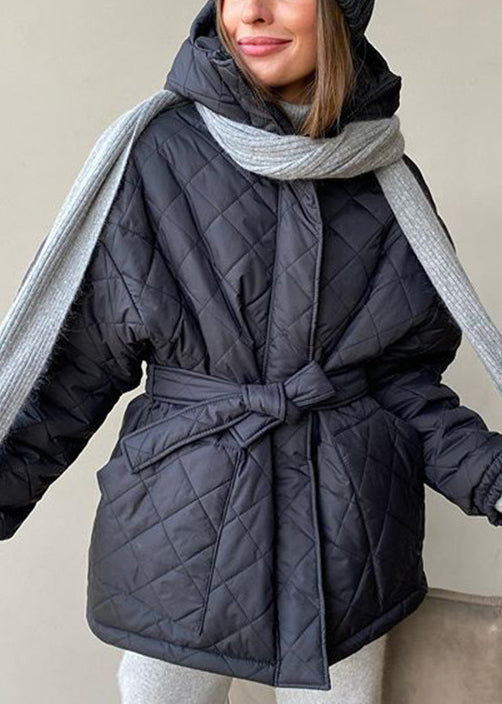 Stylish Black Hooded Tie Waist Fine Cotton Filled Coat Winter