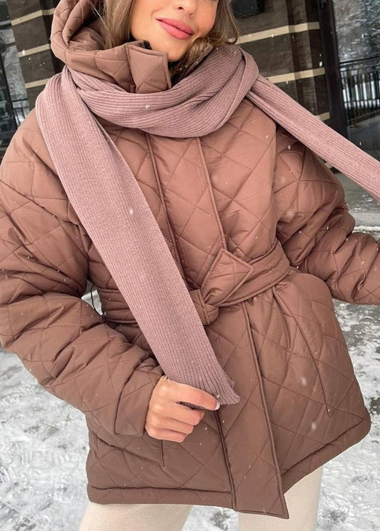 Stylish Black Hooded Tie Waist Fine Cotton Filled Coat Winter