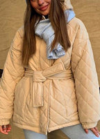 Stylish Black Hooded Tie Waist Fine Cotton Filled Coat Winter