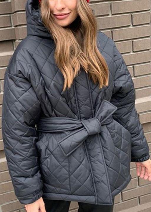 Stylish Black Hooded Tie Waist Fine Cotton Filled Coat Winter